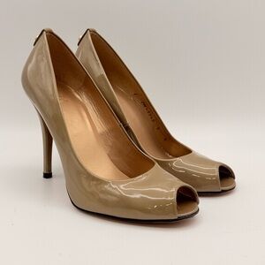Stuart Weitzman Patent Leather Peep Toe Nude Heels Women’s 9 – Classic High Heel